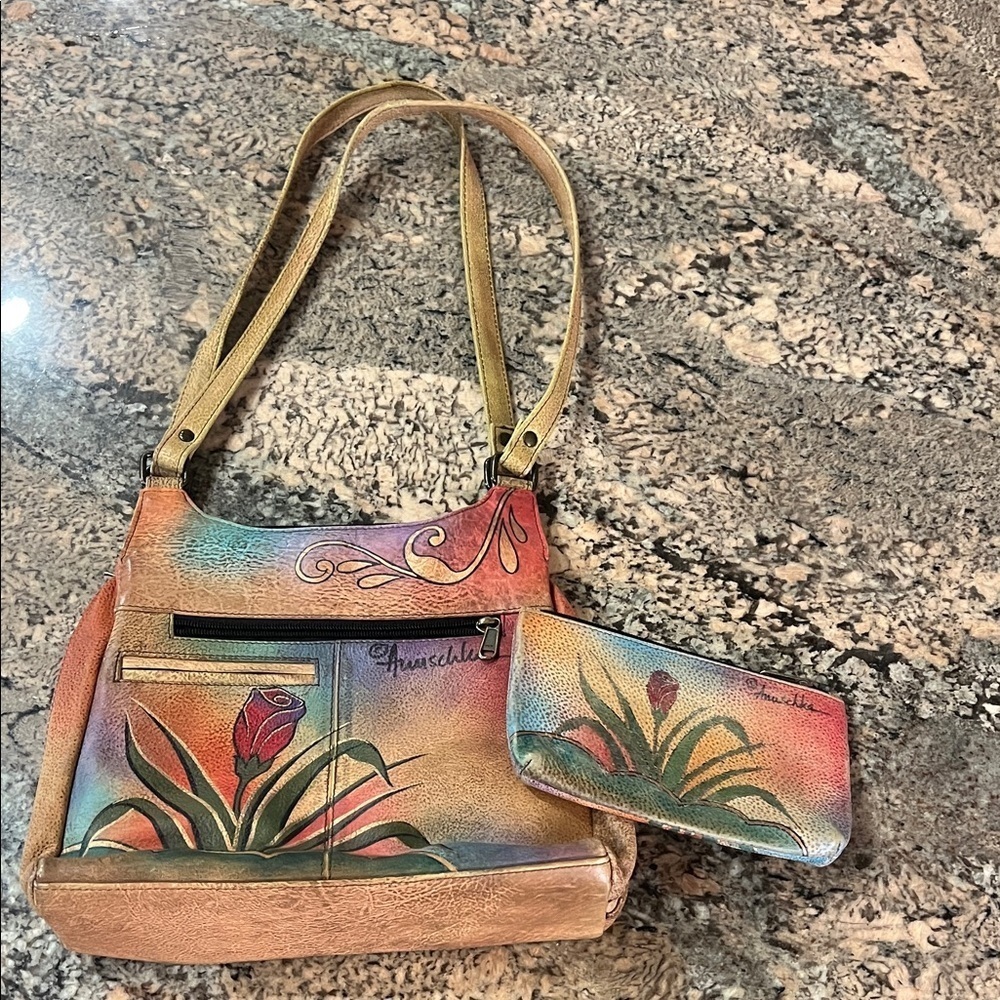 Anuschka Multicolor Hand-Painted Leather Shoulder Bag and Wallet